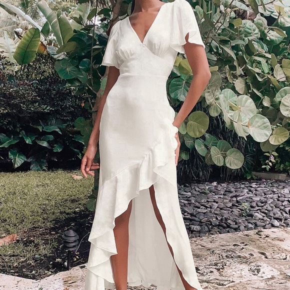 Eternal Bond White Satin Ruffled Flutter Sleeve Maxi Dress - Picture 2 of 10